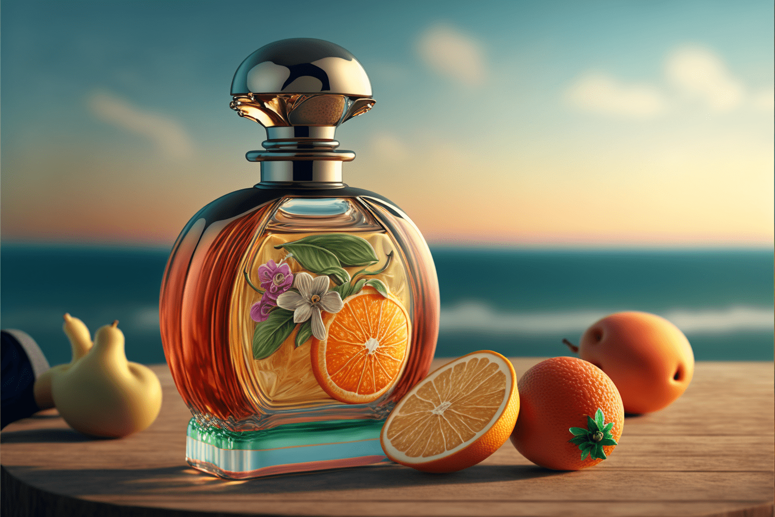 Delikatne perfumy damskie wypełnione świeżymi owocami na tle oceanu